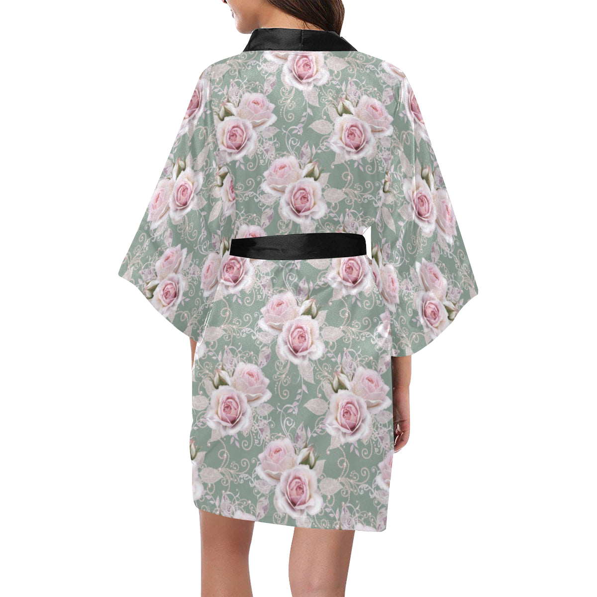 Rose White Pattern Print Design RO012 Women's Short Kimono