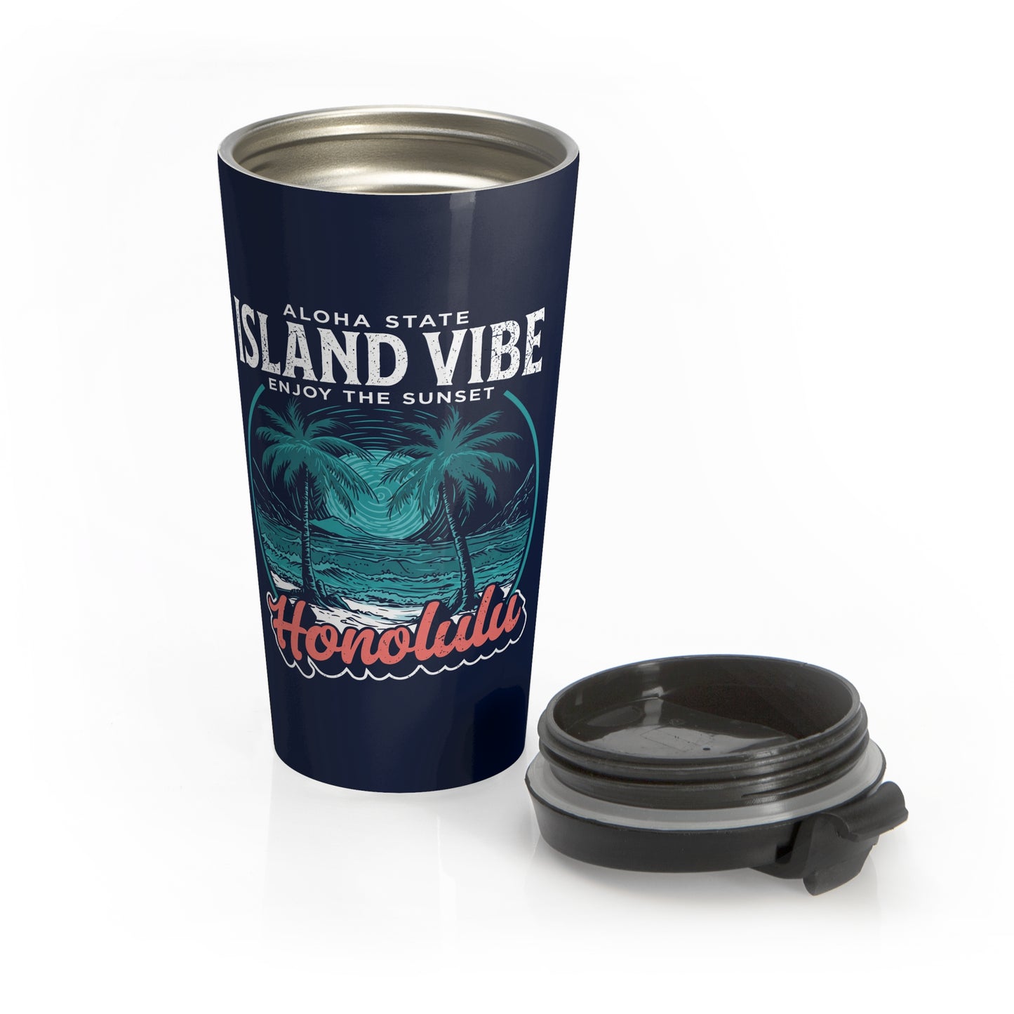 Island Vibe Honolulu Stainless Steel Travel Mug — Aloha State Sunset Design