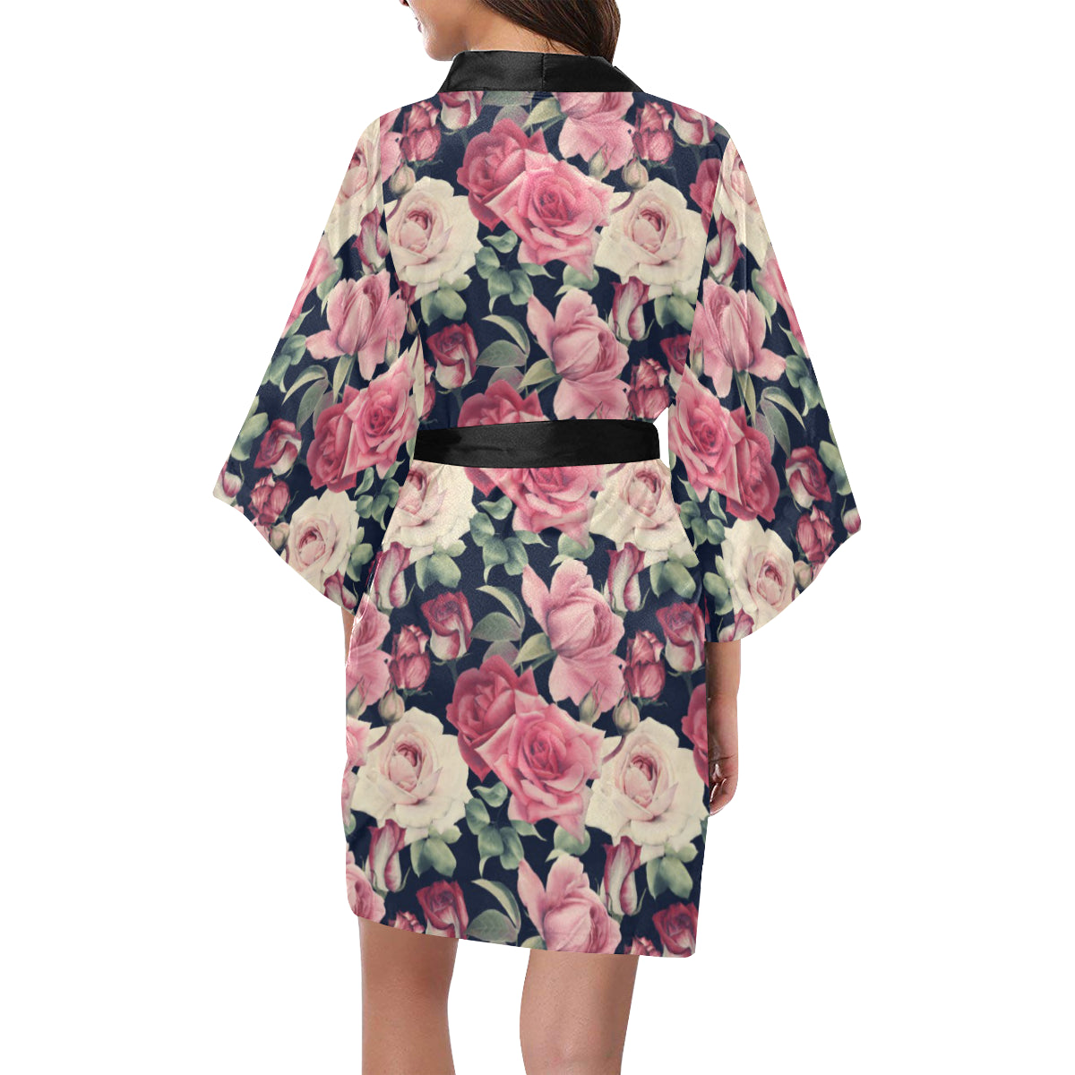 Rose Pattern Print Design RO05 Women's Short Kimono