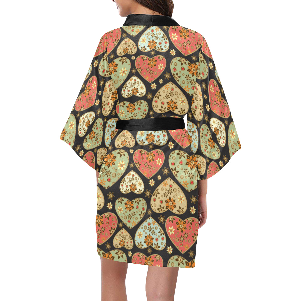 Heart Boho Pattern Print Design HE04 Women's Short Kimono
