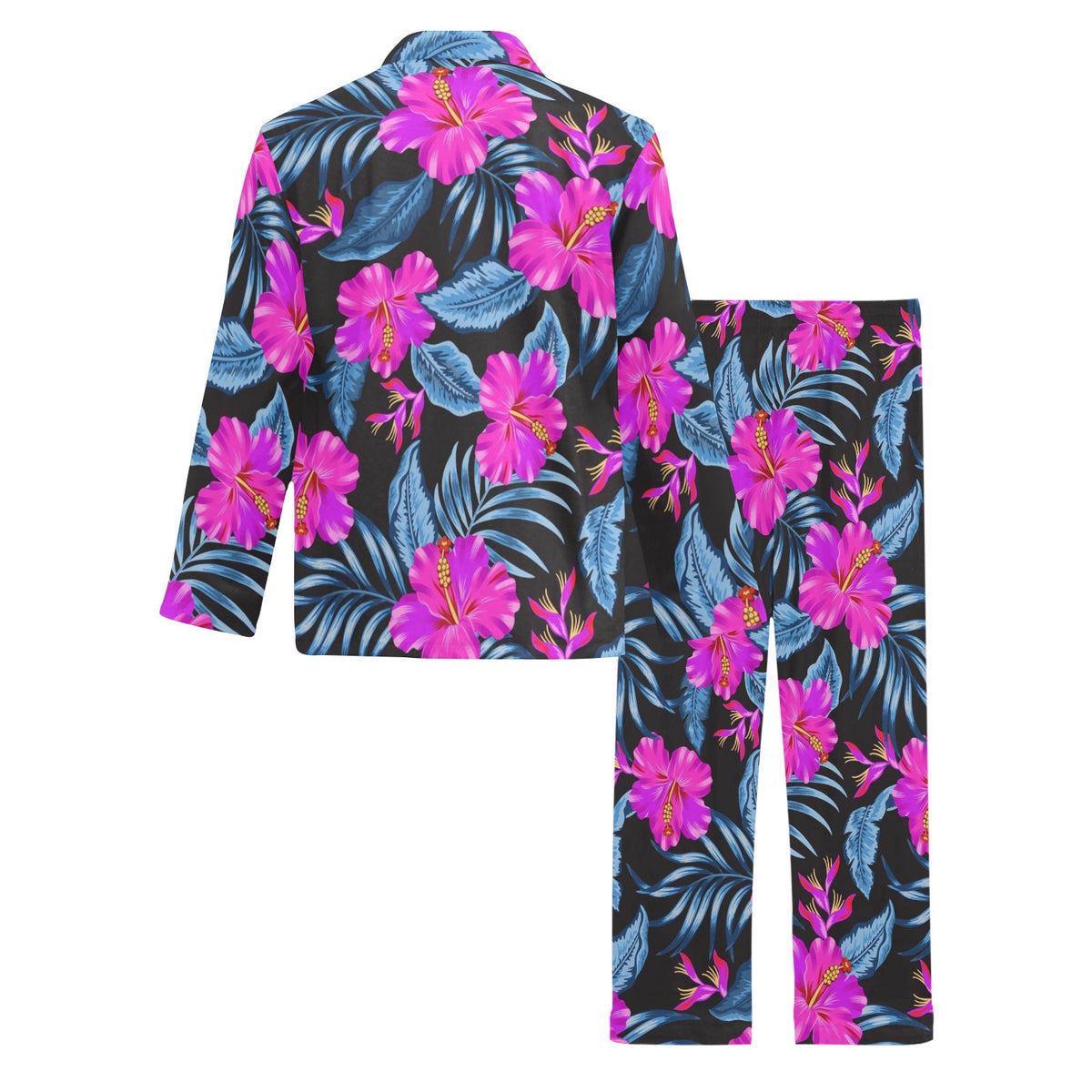 Neon Pink Hibiscus Pattern Print Design HB015 Men's Long Sleeve Pajama Set