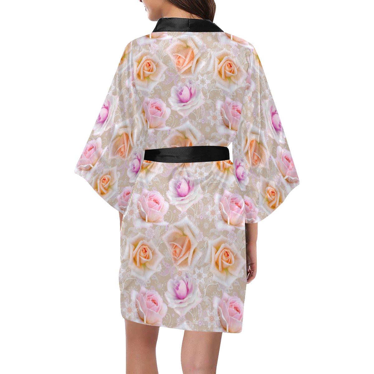 Rose Pattern Print Design RO011 Women's Short Kimono