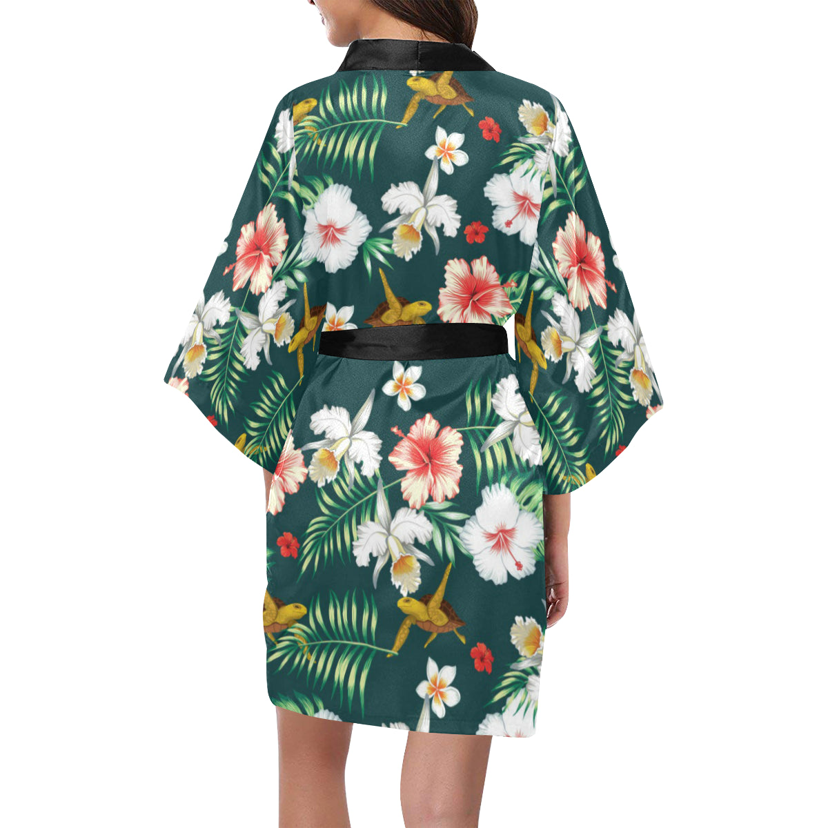 Hawaiian Flower Design with SeaTurtle Print Women's Short Kimono