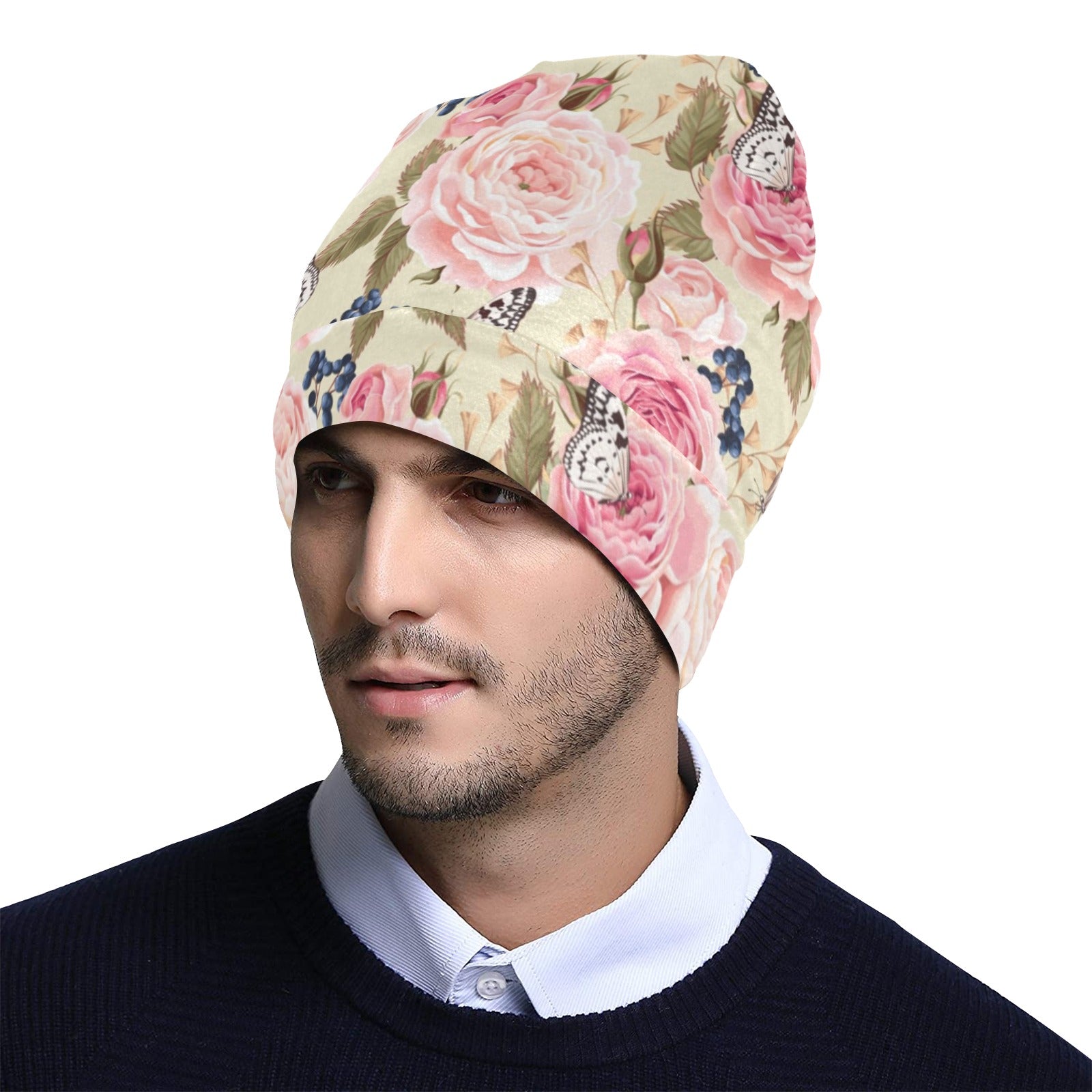 Floral Pink Butterfly Print Unisex Beanie