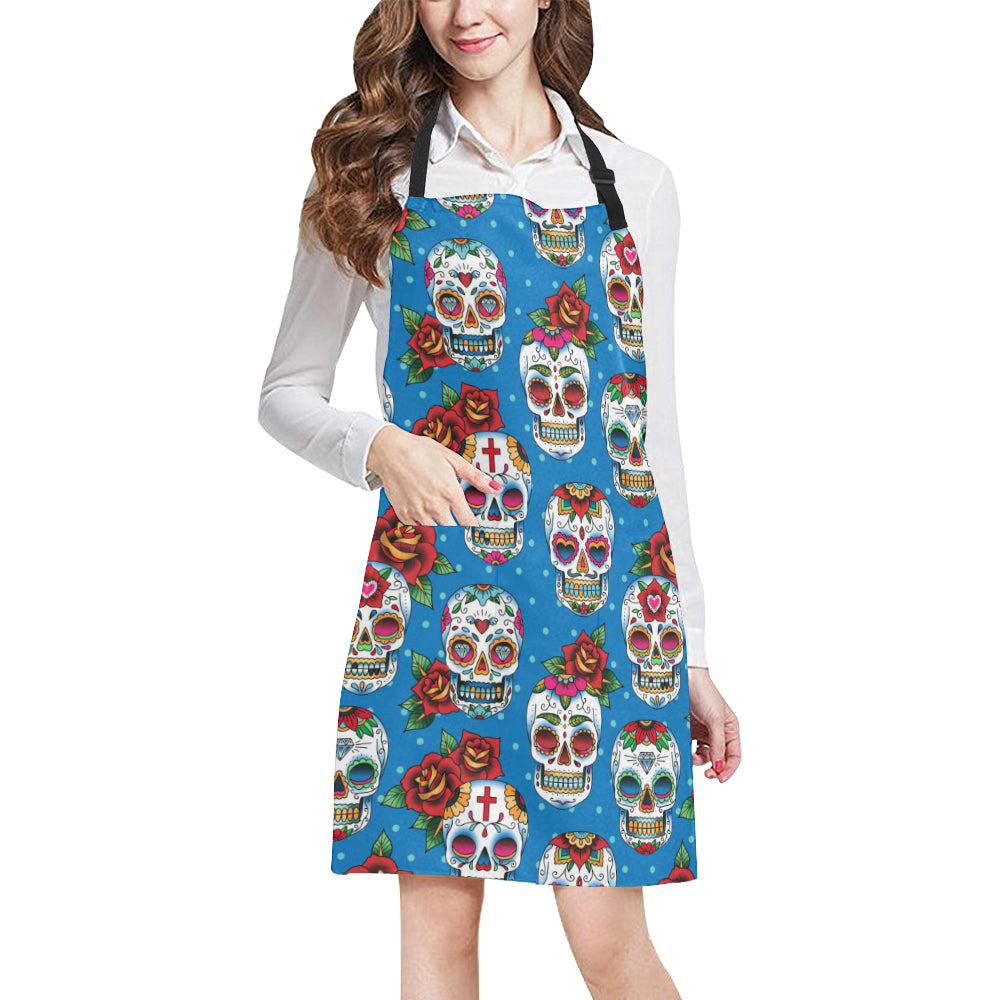 Sugar Skull Rose Pattern Apron with Pocket