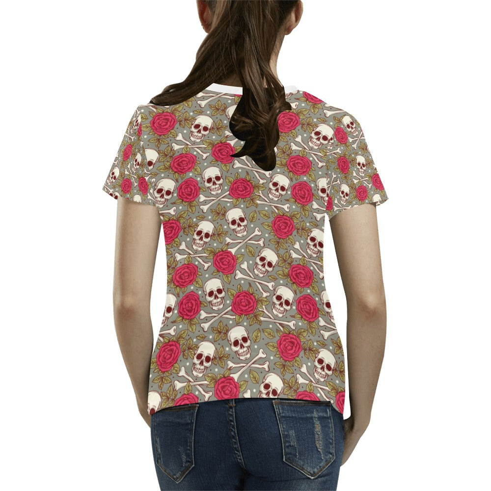 Skull Bone Rose Print Design LKS303 Women's T-shirt