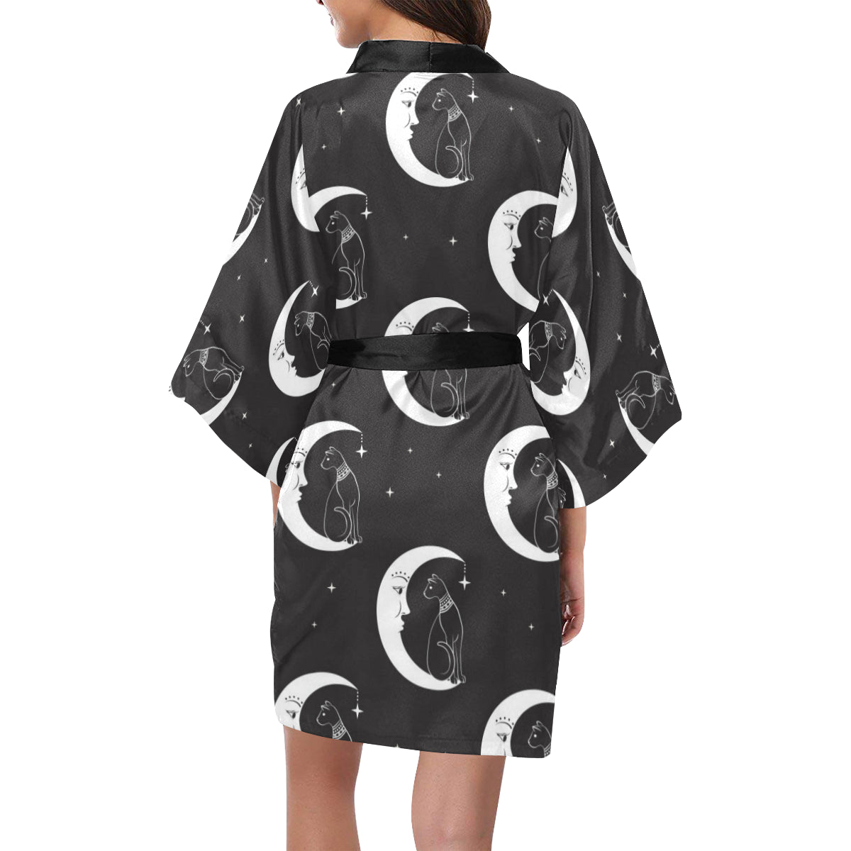 Moon with Cat Pattern Print Design 04 Women's Short Kimono