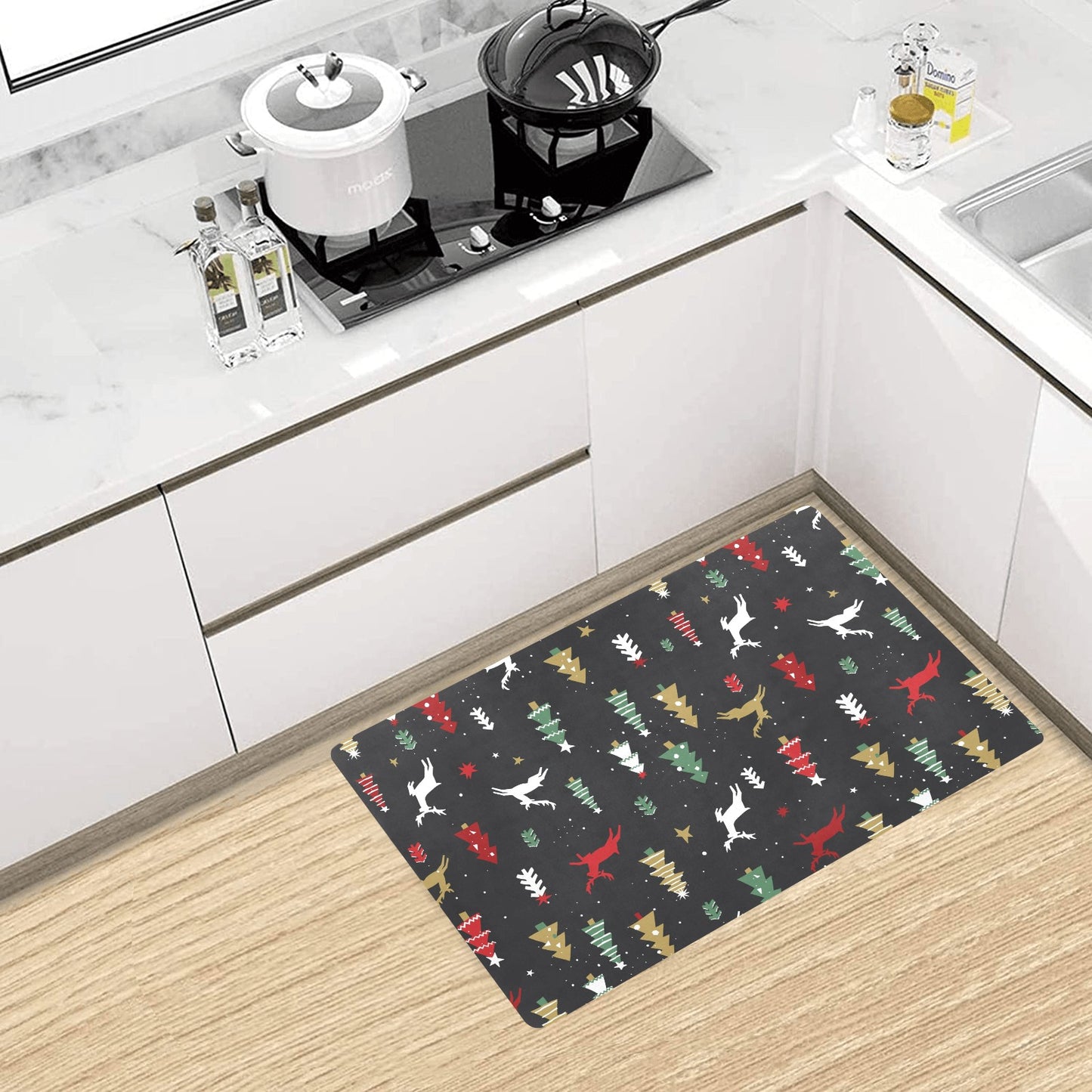 Christmas Tree Deer Style Pattern Print Design 03 Kitchen Mat