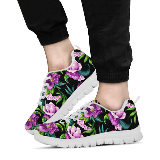Bright Purple Floral Pattern Sneakers White Bottom Shoes