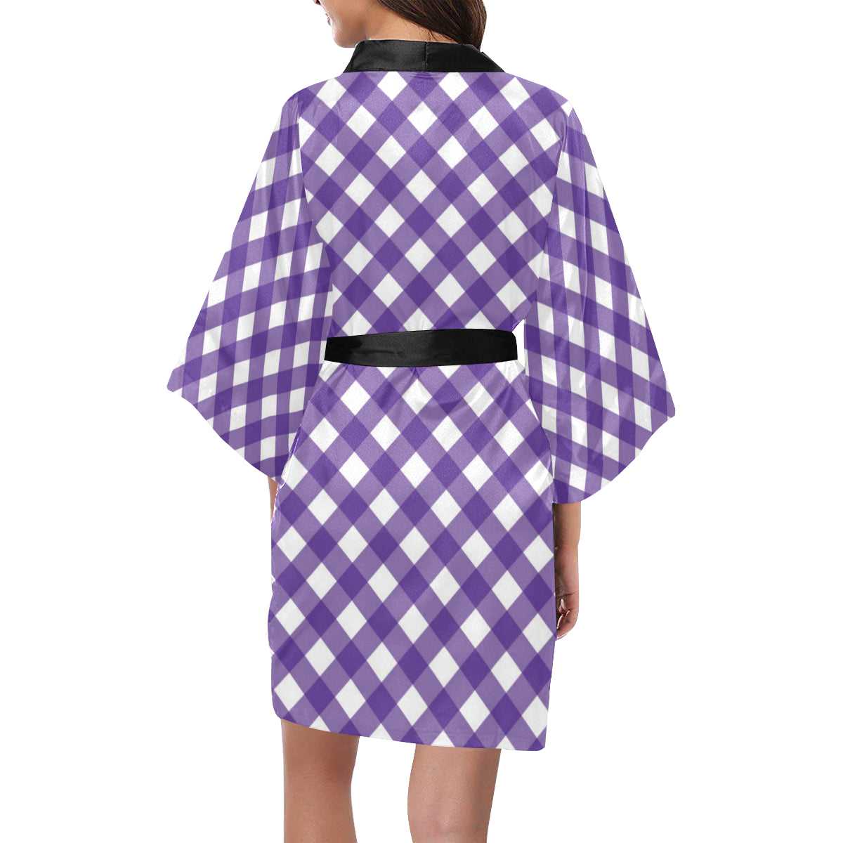 Gingham Purple Pattern Print Design 03 Women's Short Kimono