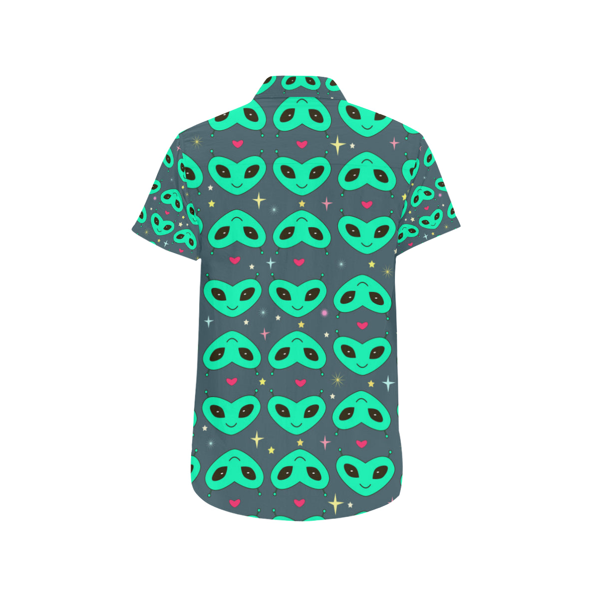 Alien Head Heart Pattern Print Design 03 Men's Short Sleeve Button Up Shirt