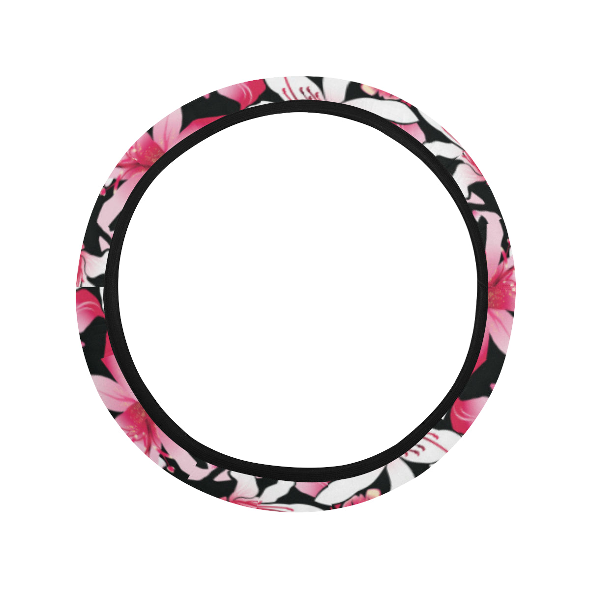 Flower Hawaiian Pink Red Hibiscus Print Steering Wheel Cover with Elastic Edge