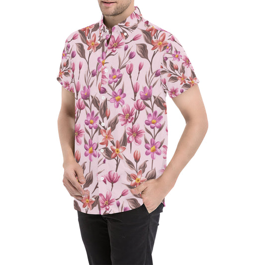 Summer Floral Pattern Print Design SF09 Men's Short Sleeve Button Up Shirt