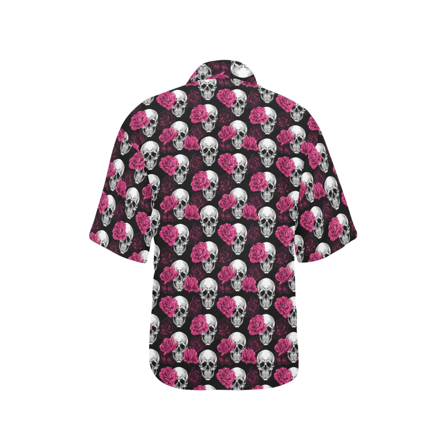 Pink Rose Skull Themed Print Women's Hawaiian Shirt