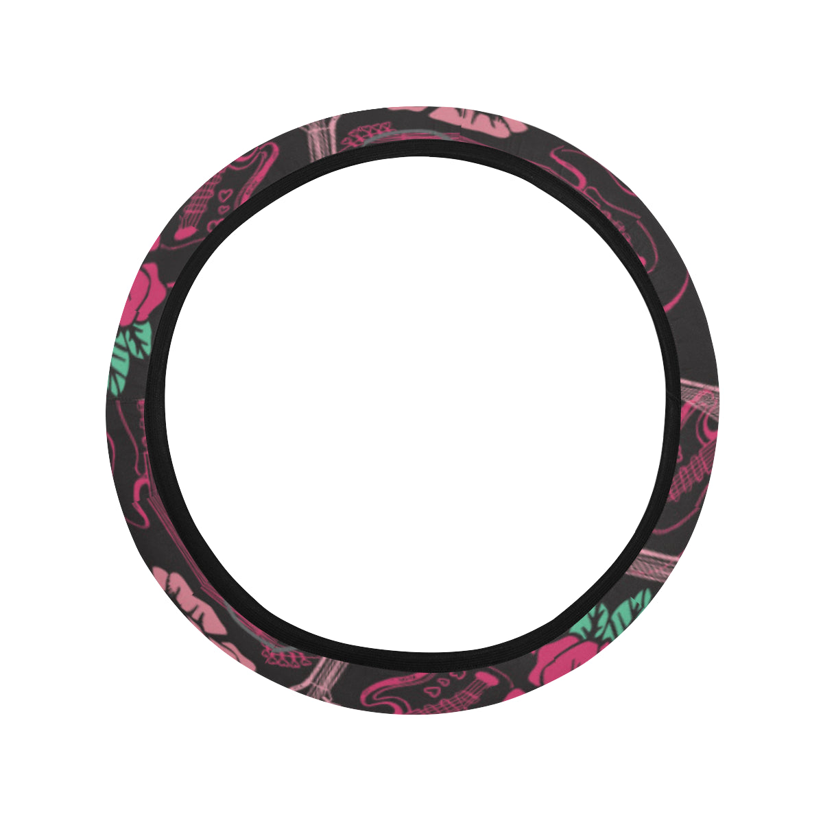 Bass Guitar Pink Rose Pattern Print Design 01 Steering Wheel Cover with Elastic Edge