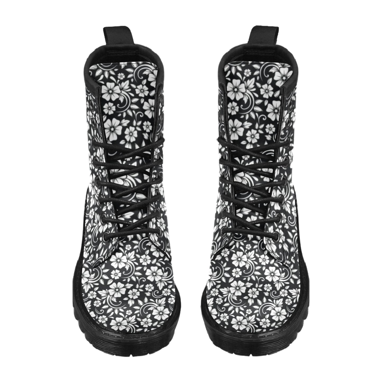 Floral Black White Themed Print Women's Boots