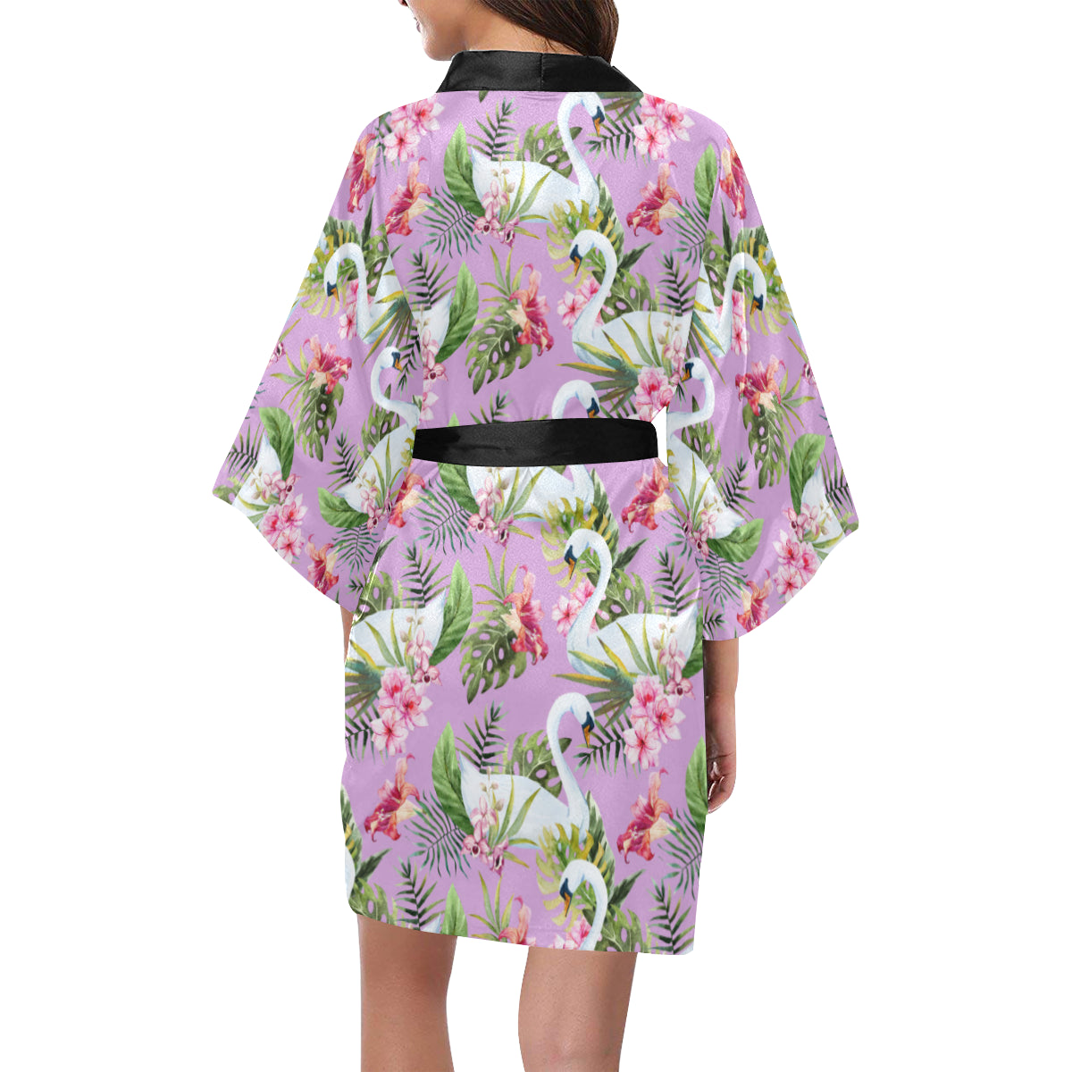 Swan with Flower Pattern Print Design 01 Women's Short Kimono