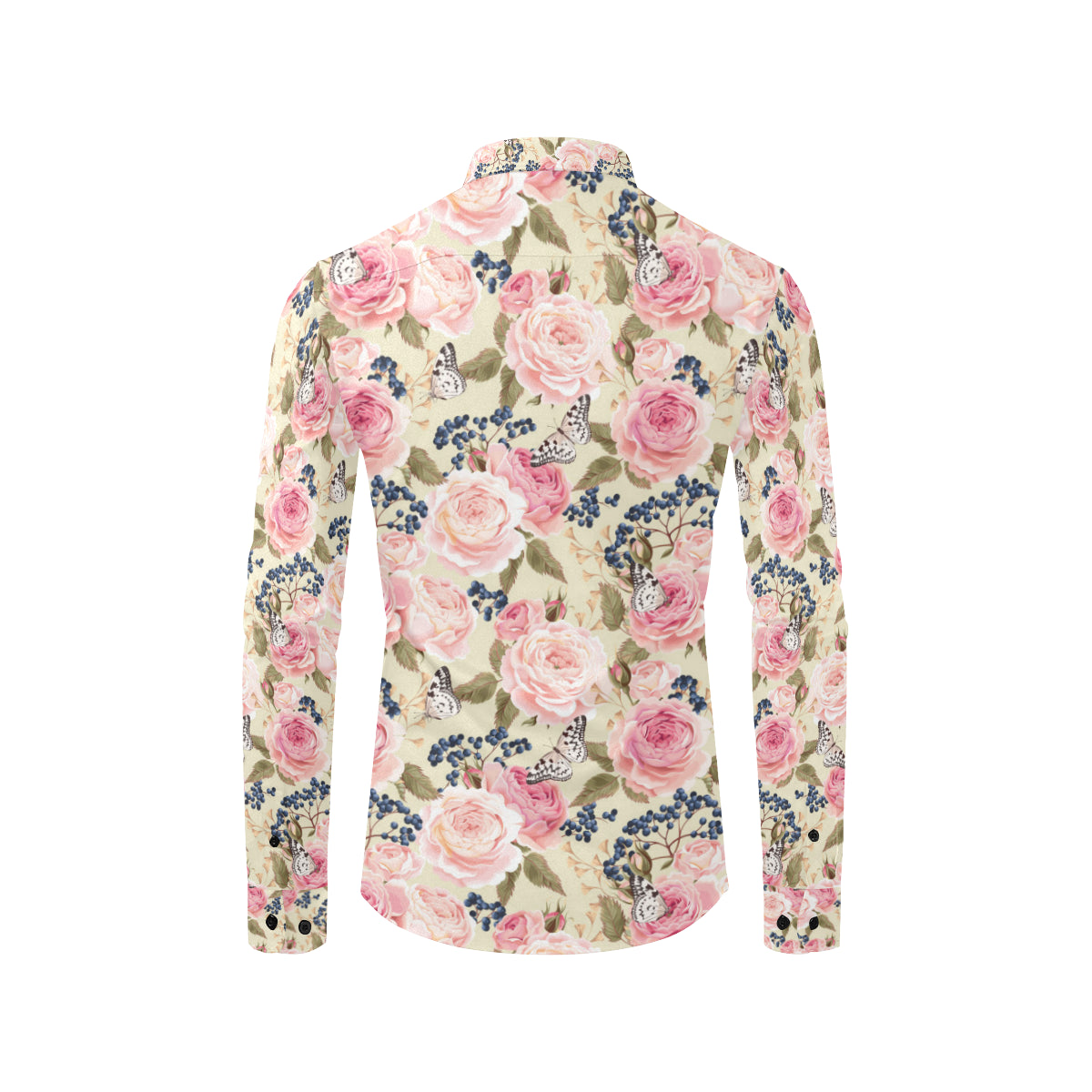Floral Pink Butterfly Print Men's Long Sleeve Shirt
