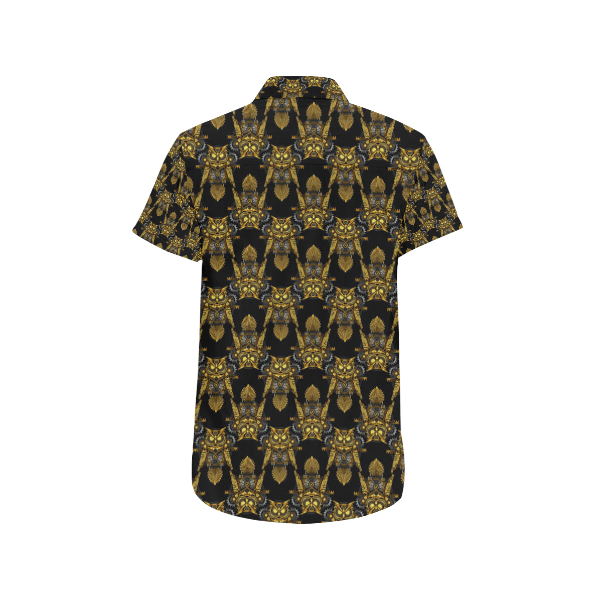 Steampunk Gold Owl Design Themed Print Men's Short Sleeve Button Up Shirt
