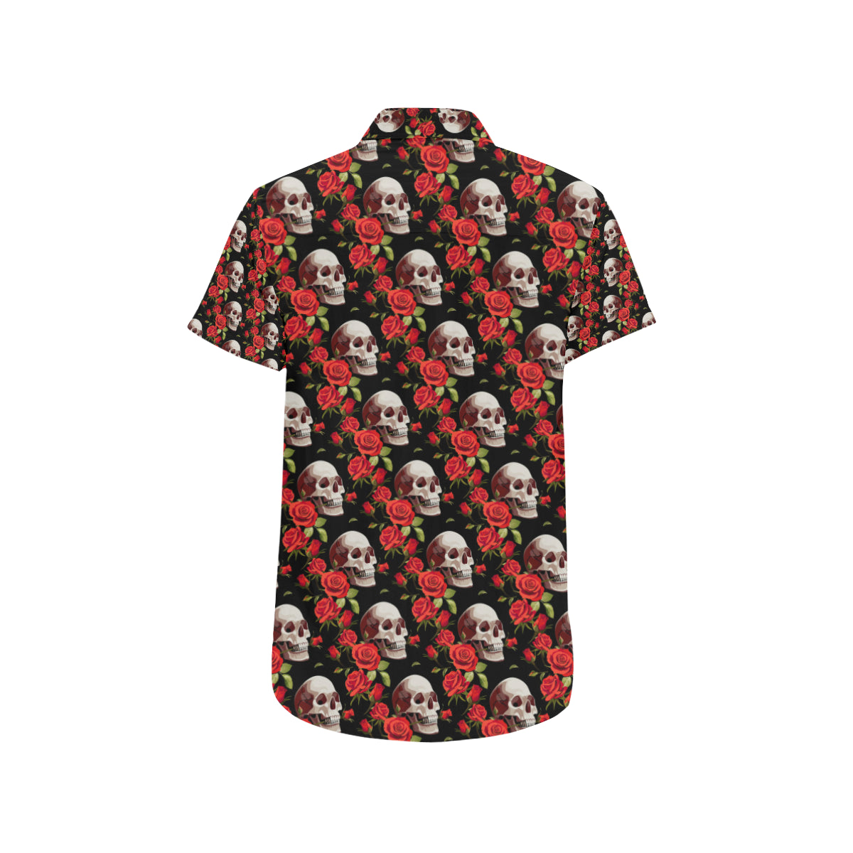 Red Rose Skull Design Print Men's Short Sleeve Button Up Shirt