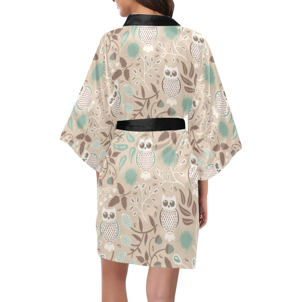 Owl Pattern Print Design A02 Women's Short Kimono