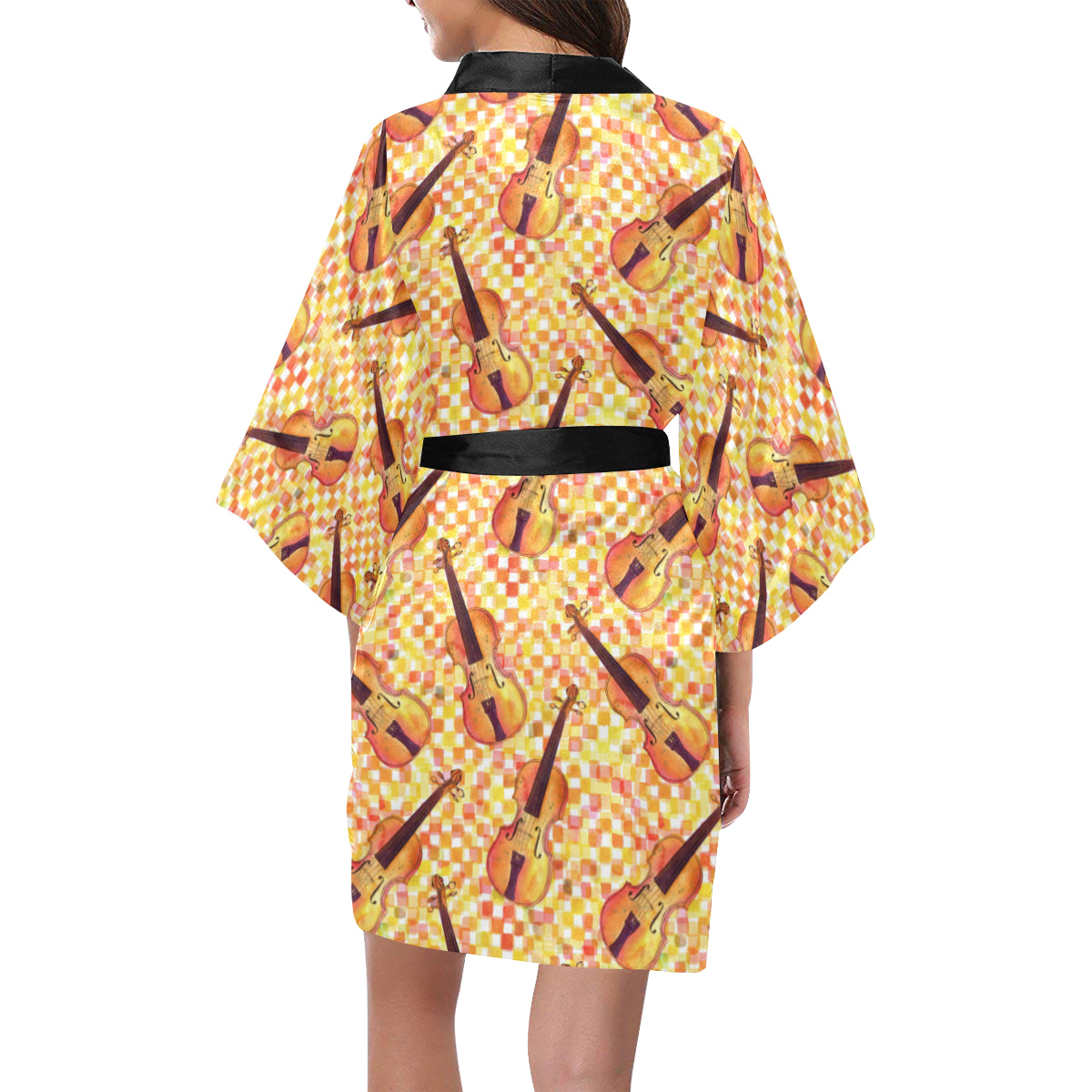 Violin Pattern Print Design 03 Women's Short Kimono