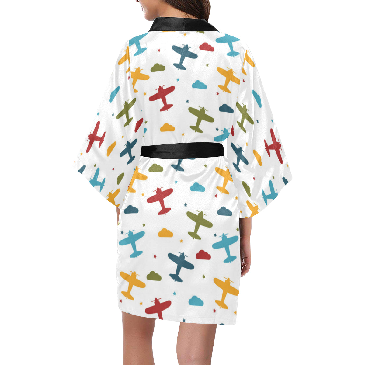 Airplane Pattern Print Design 06 Women's Short Kimono