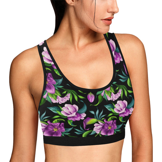 Bright Purple Floral Pattern Sports Bra