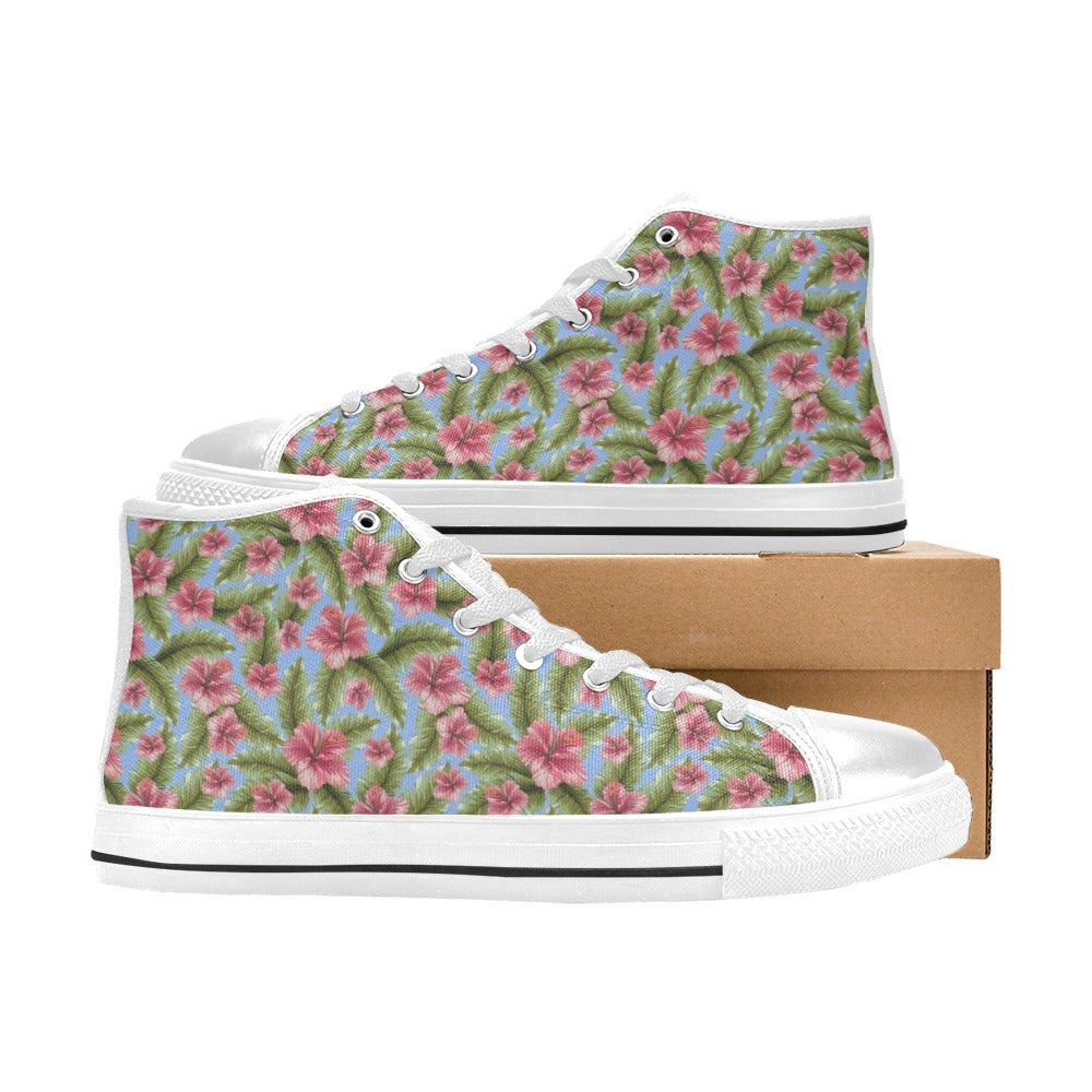Tropical Flower Print Design LKS301 High Top Women's White Shoes