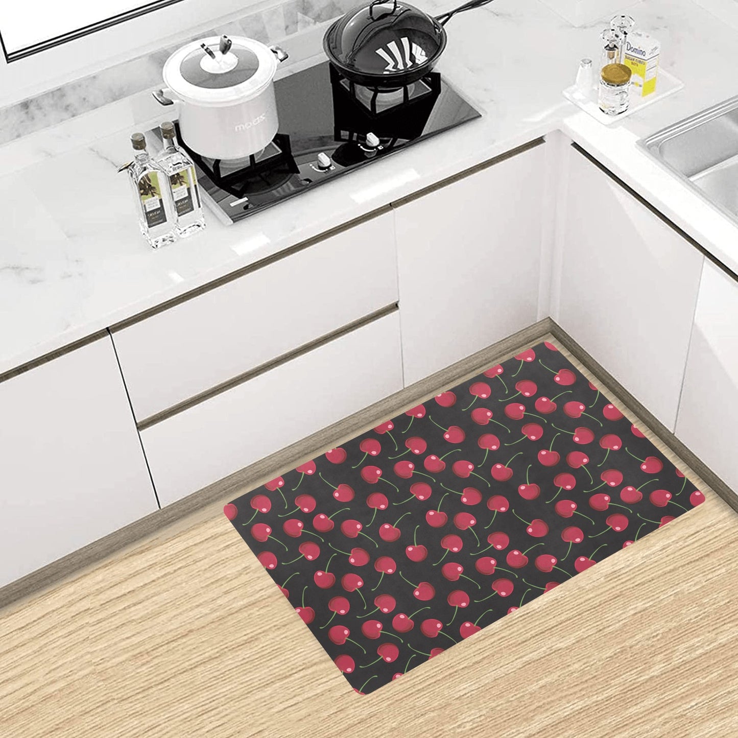 Cherry Black Background Kitchen Mat