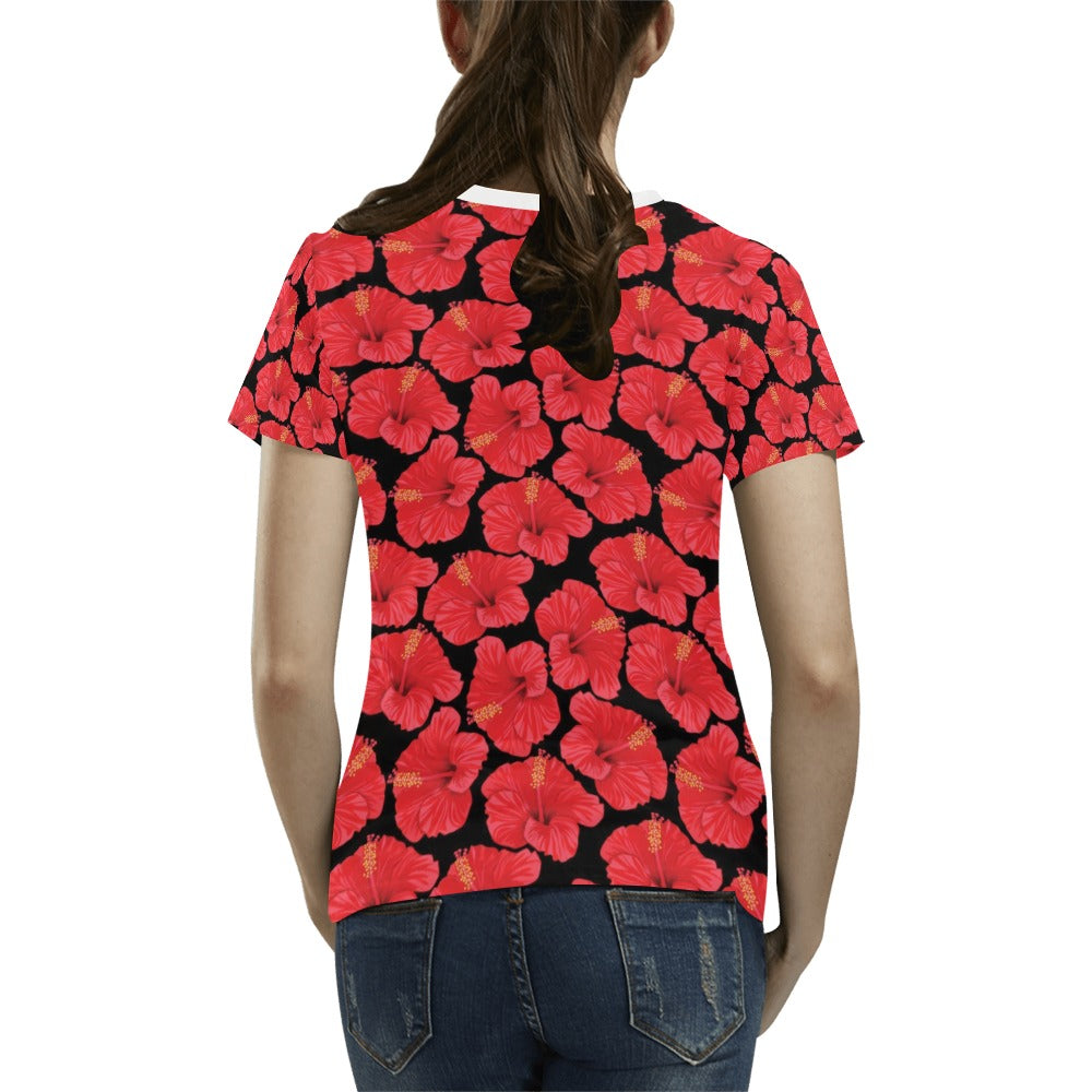 Hibiscus Red Pattern Print Design LKS306 Women's T-shirt