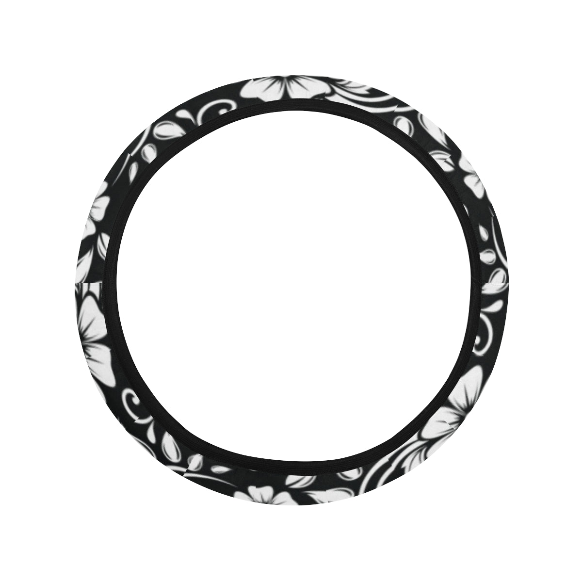 Floral Black White Themed Print Steering Wheel Cover with Elastic Edge