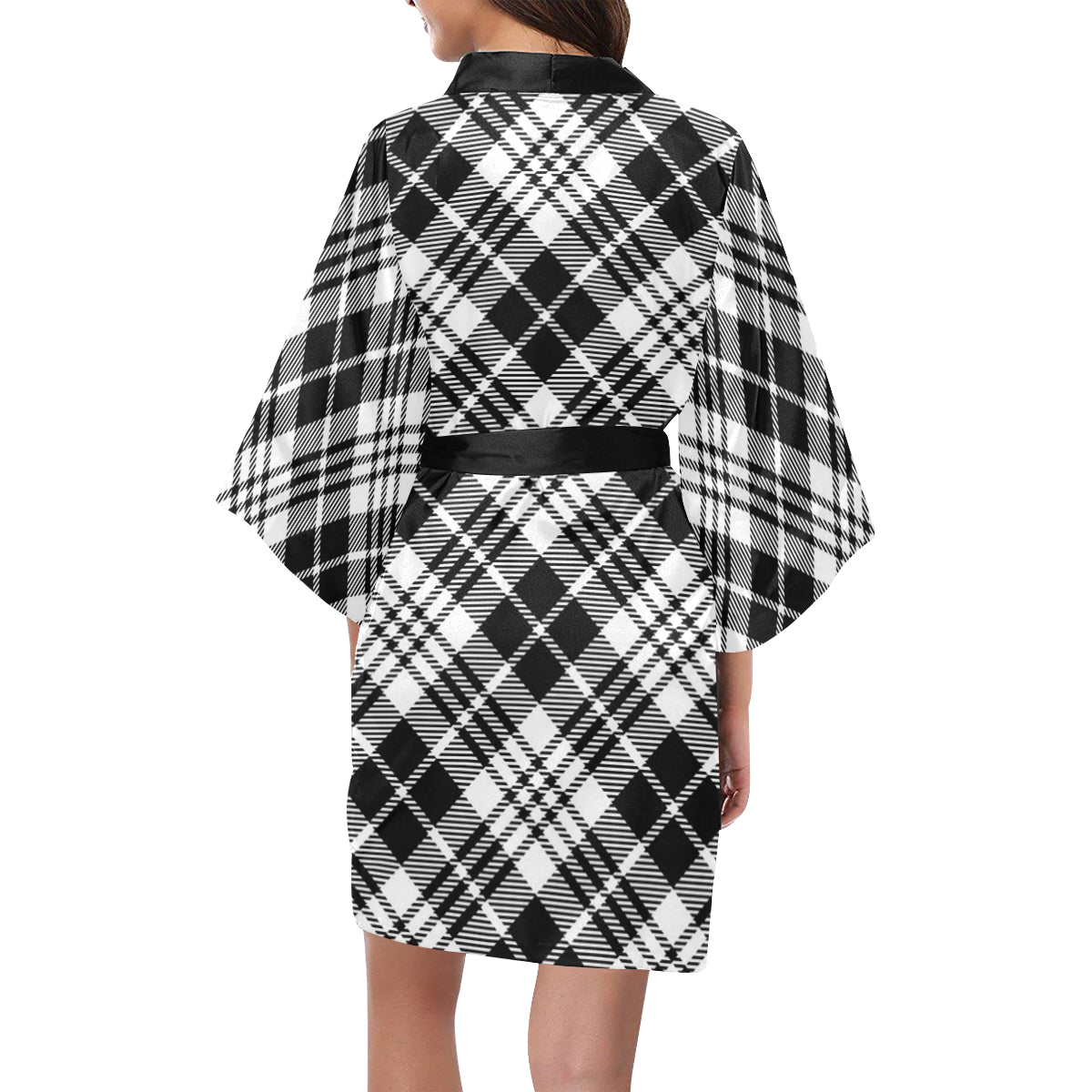 Plaid Black White Pattern Print Design A02 Women's Short Kimono