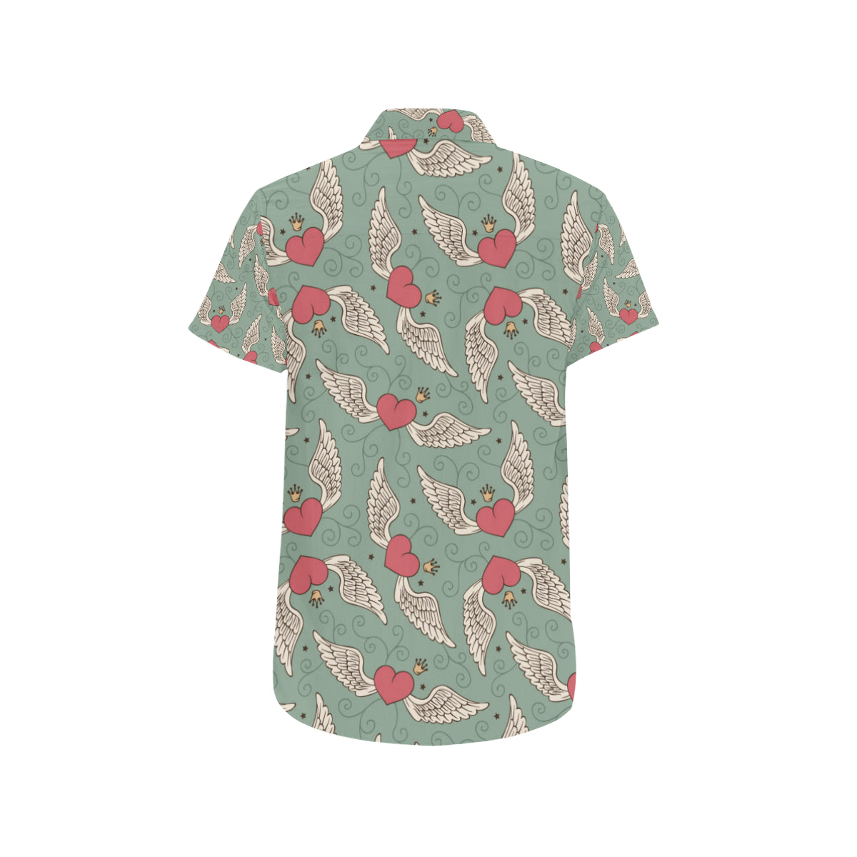 Angel Wings Heart Design Themed Print Men's Short Sleeve Button Up Shirt