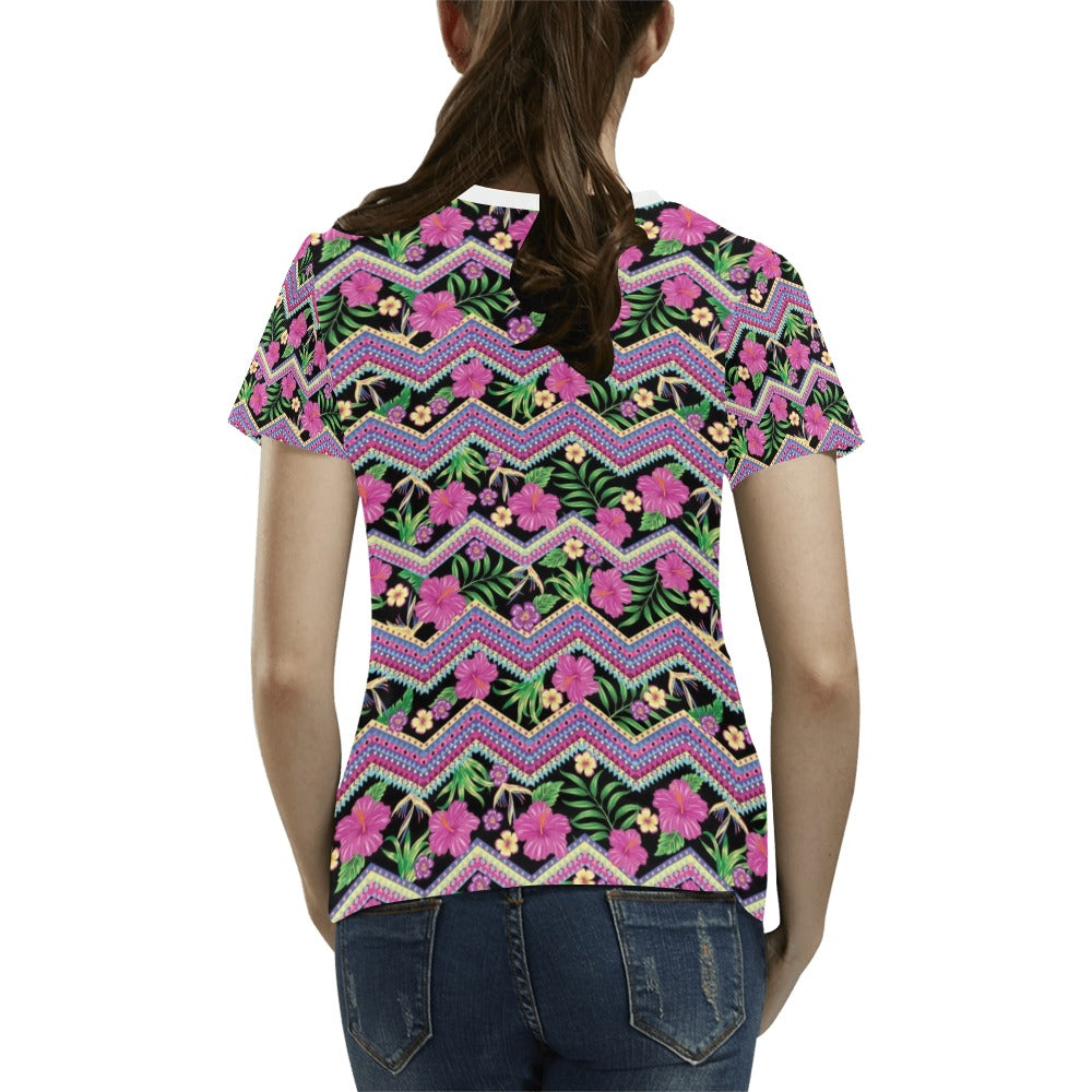 Hibiscus Pink Zigzag Line Pattern Design LKS307 Women's T-shirt