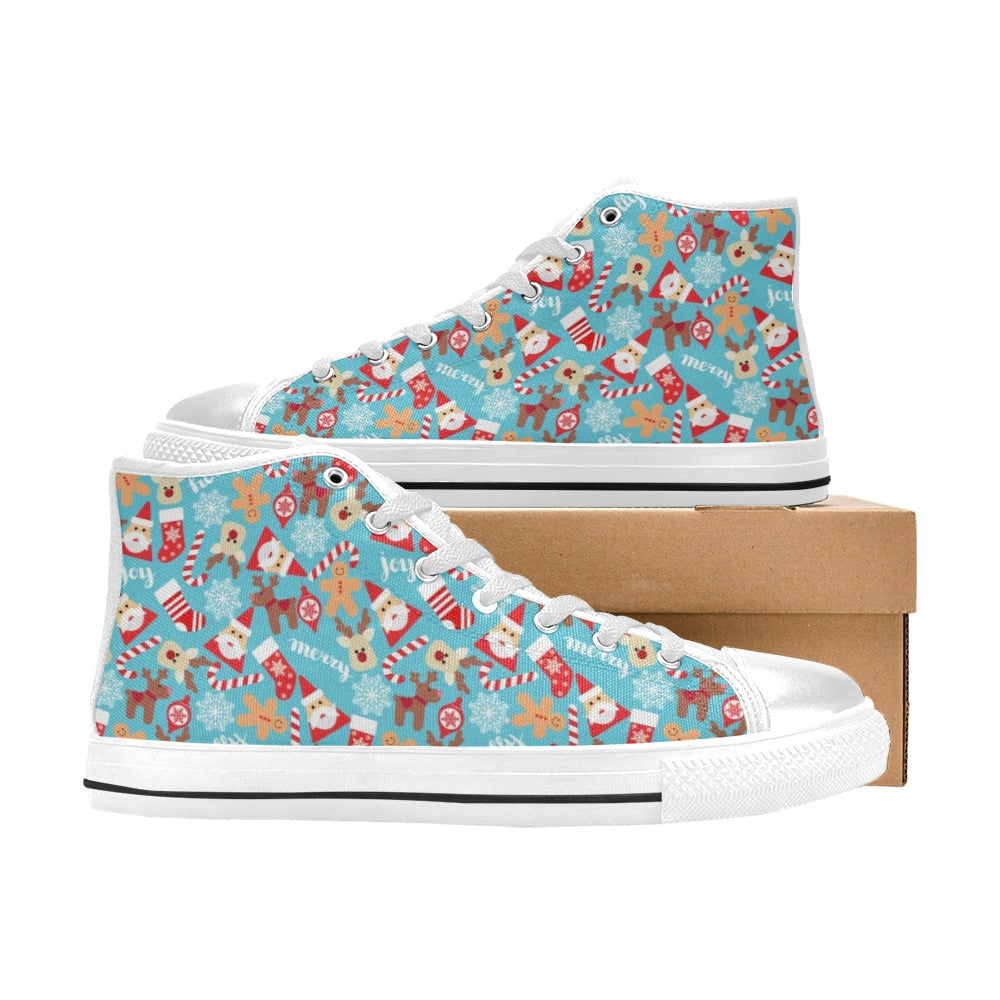 Santa Christmas Themed Print Design LKS306 High Top Women's White Shoes