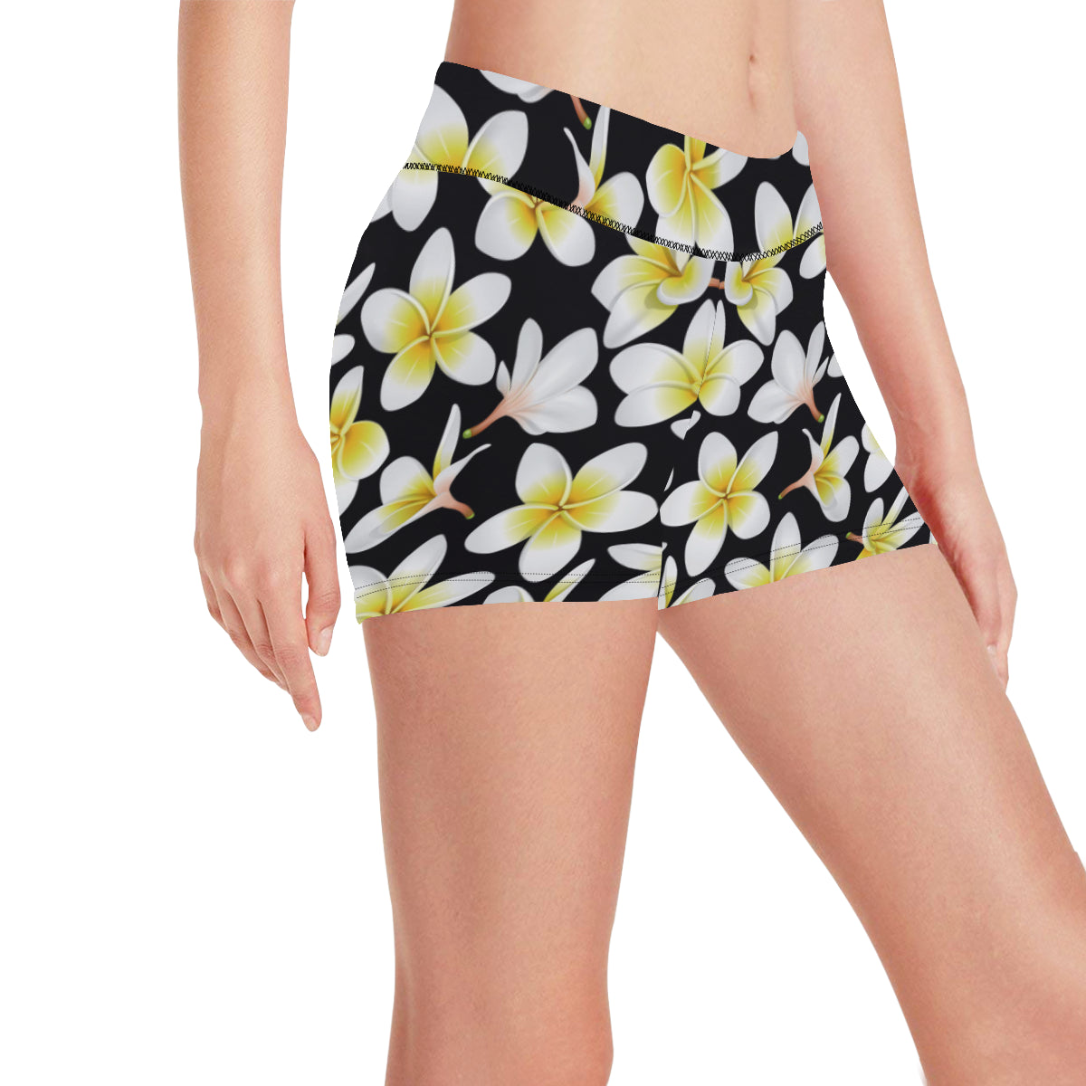 Yellow Plumeria Hawaiian Flowers Yoga Shorts