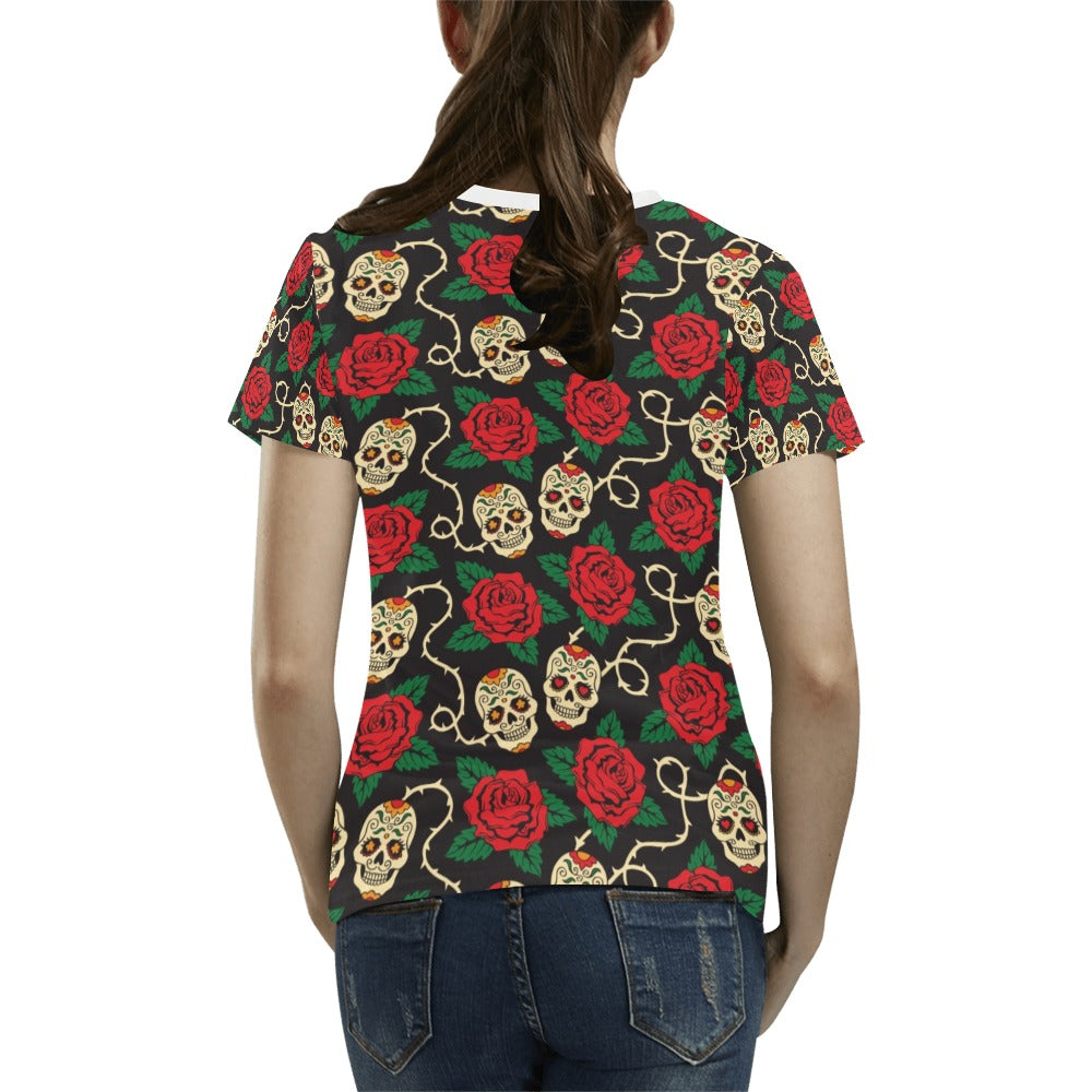 Sugar Skull Red Rose Print Design LKS301 Women's T-shirt