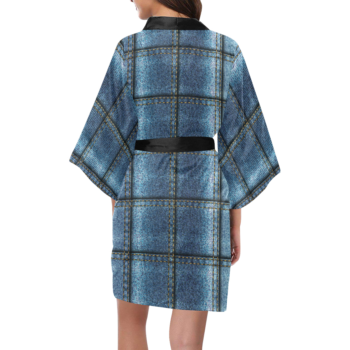 Jean Patchwork Pattern Print Design 02 Women's Short Kimono