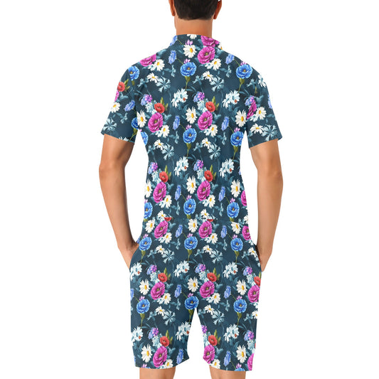 Floral Blue Themed Print Men's Romper