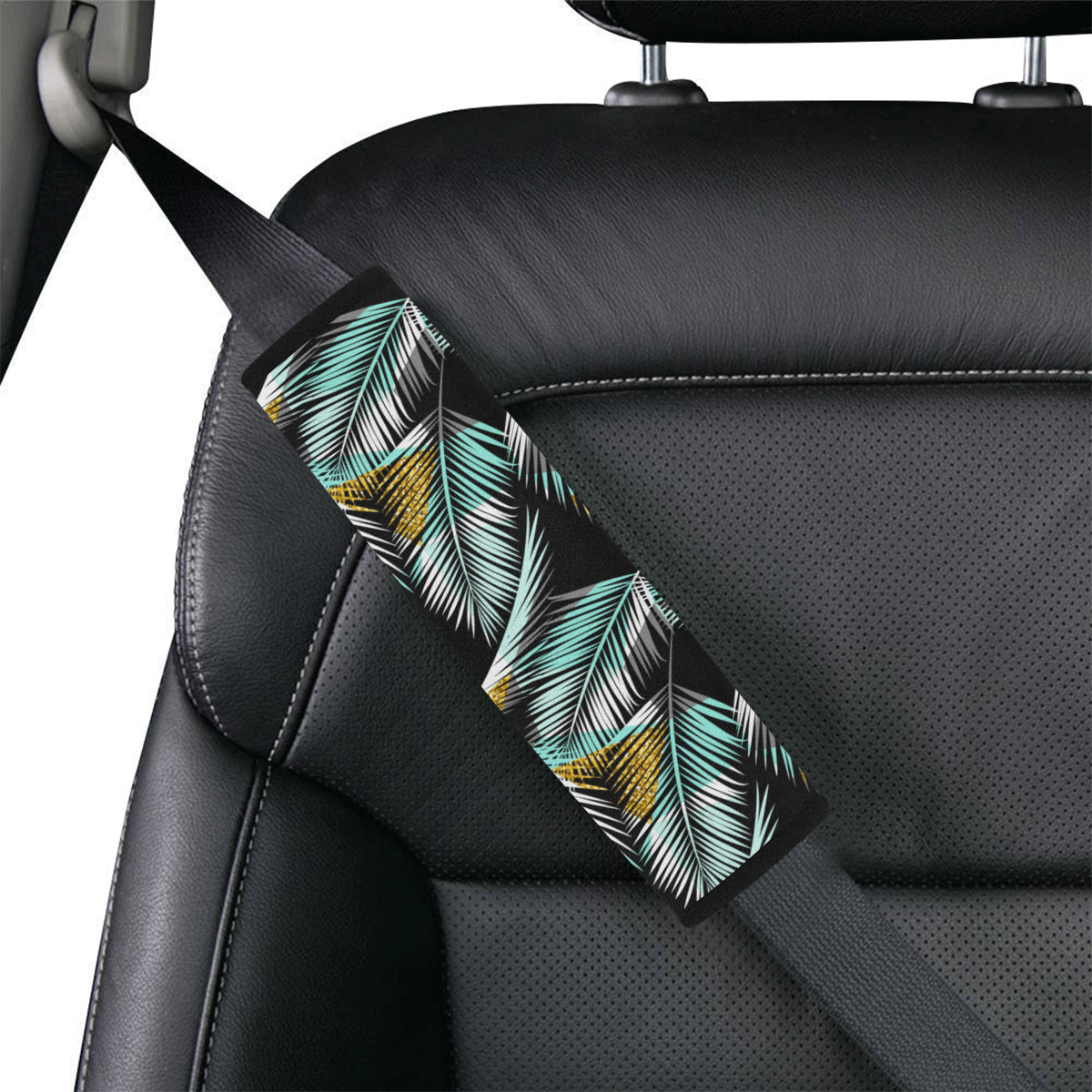 Gold Glitter Cyan Tropical Palm Leaves Car Seat Belt Cover