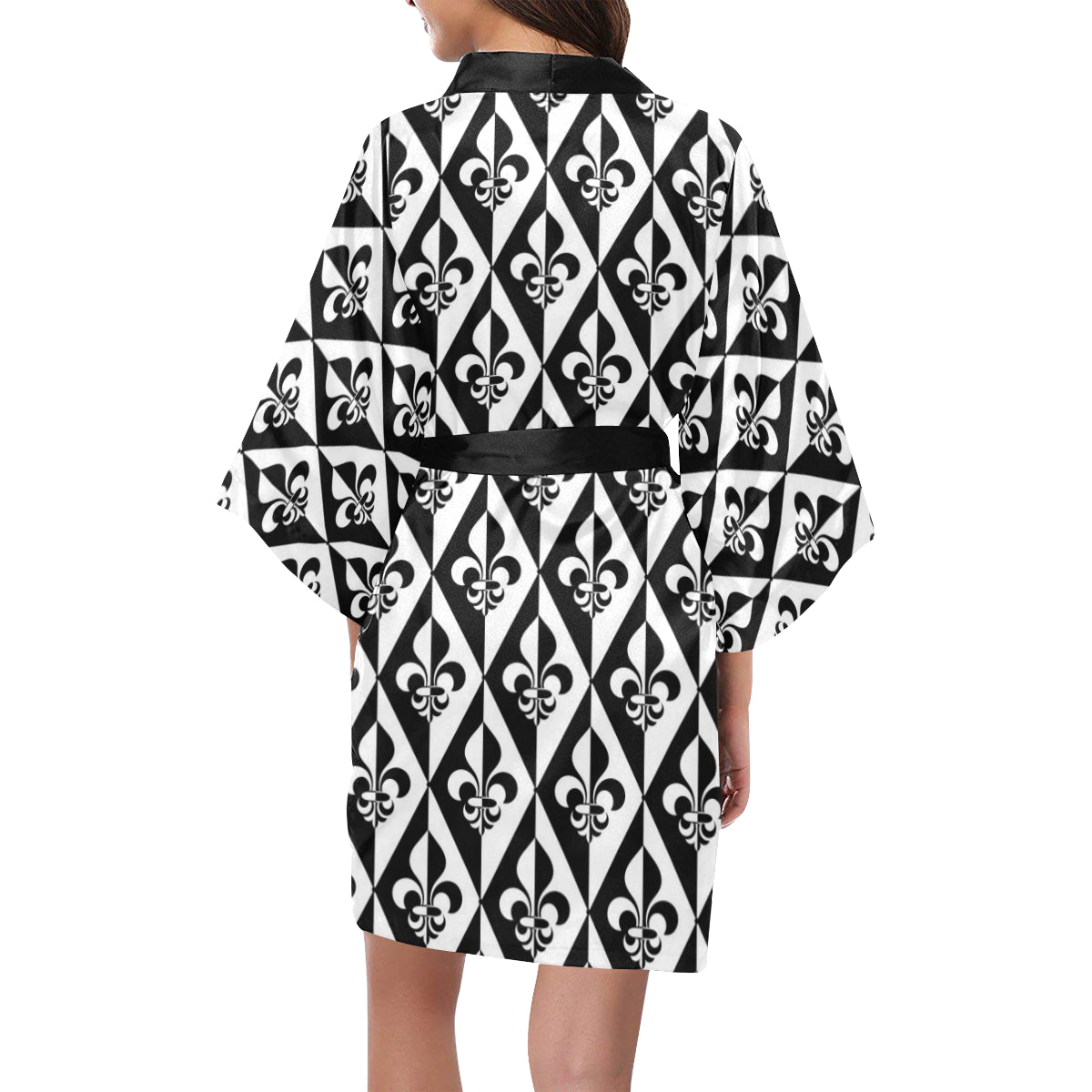 Fleur De Lis Black White Pattern Print Design 02 Women's Short Kimono