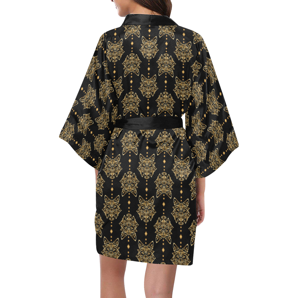 Aztec Wolf Pattern Print Design 04 Women's Short Kimono