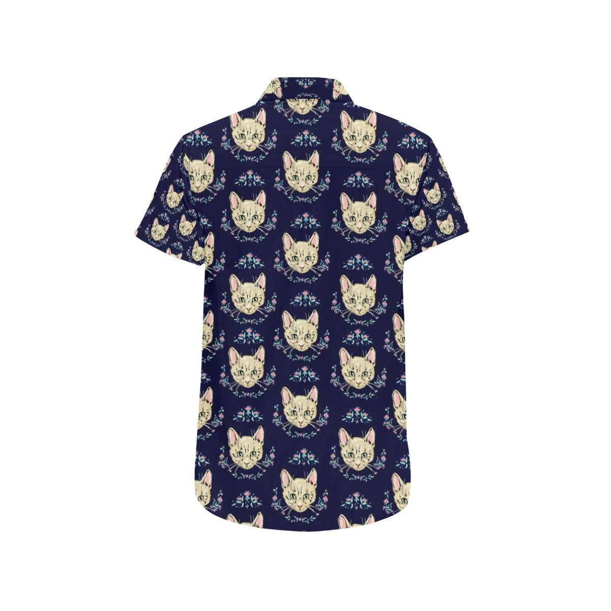 Cat Head with flower Print Pattern Men's Short Sleeve Button Up Shirt