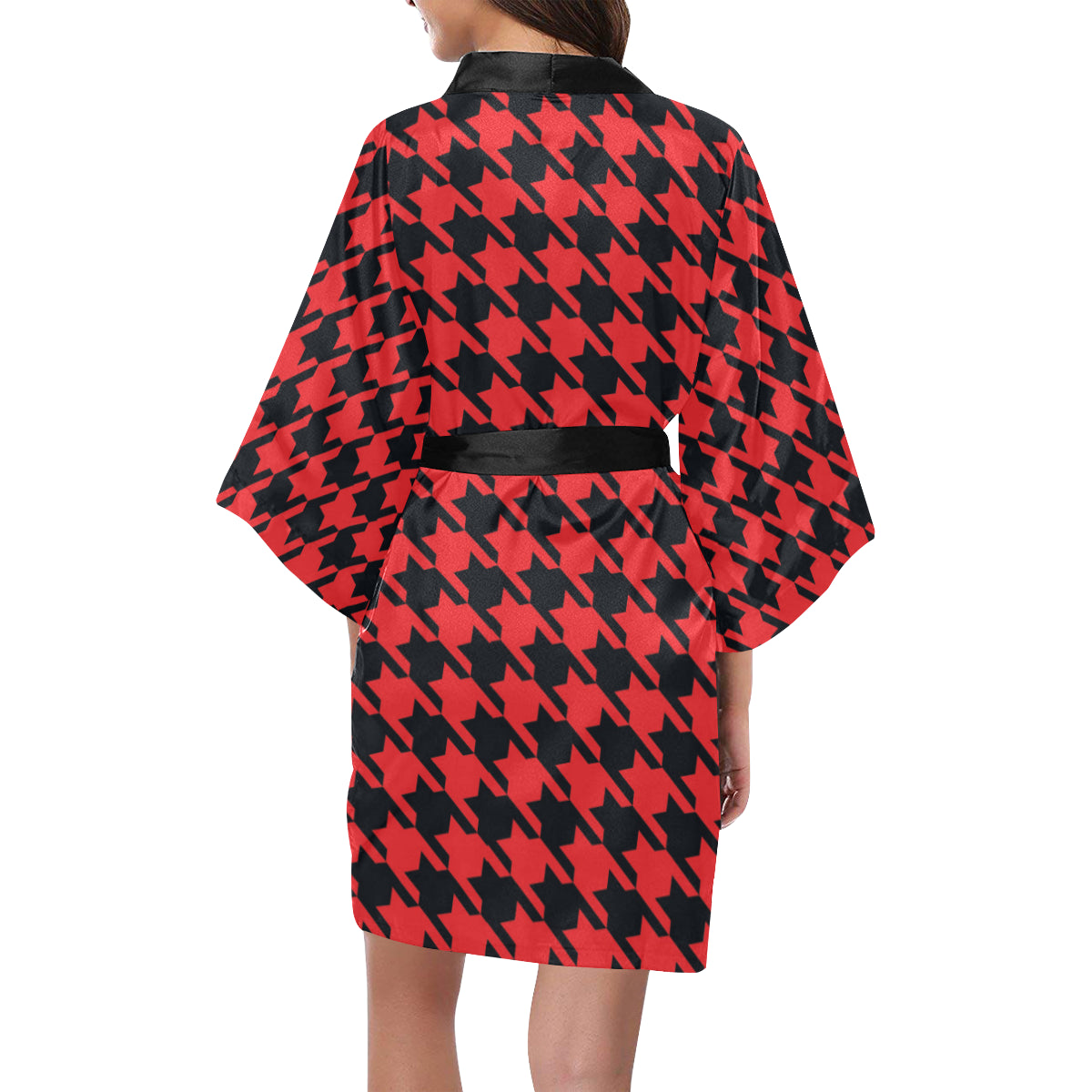 Houndstooth Red Pattern Print Design 03 Women's Short Kimono