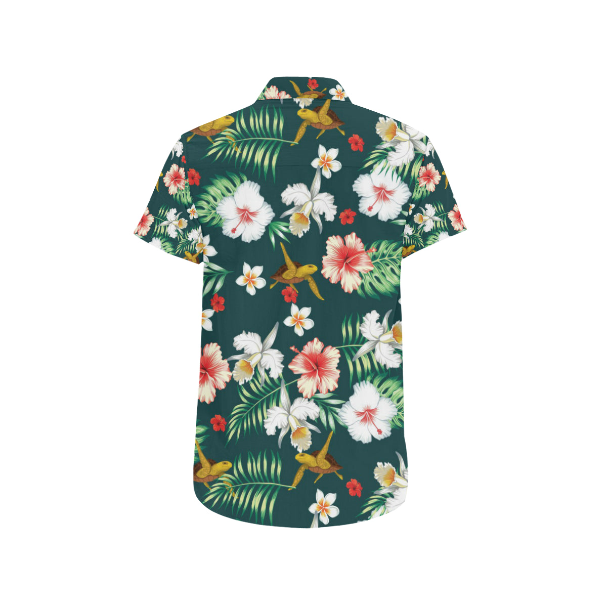 Hawaiian Flower Design with SeaTurtle Print Men's Short Sleeve Button Up Shirt