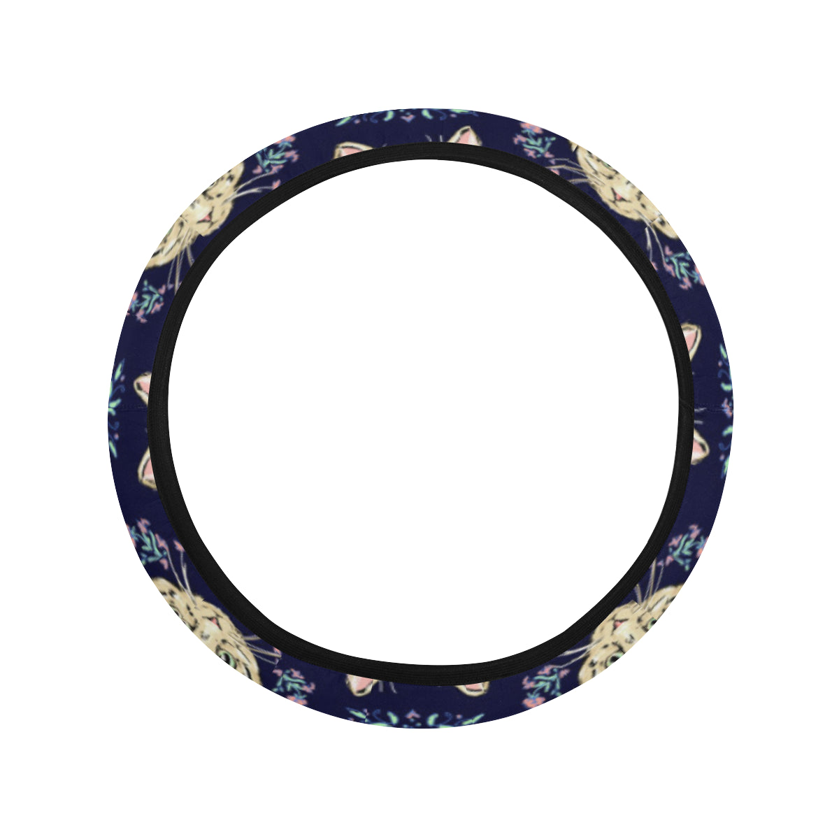 Cat Head with flower Print Pattern Steering Wheel Cover with Elastic Edge