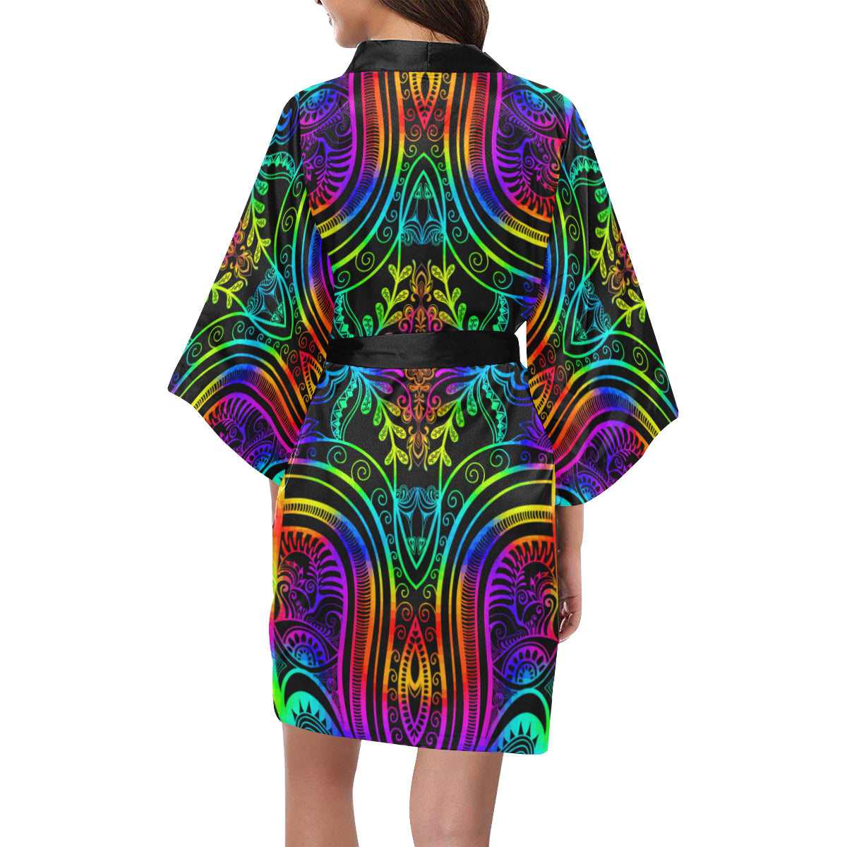 Neon Trible Rainbow Pattern Print Design A01 Women's Short Kimono