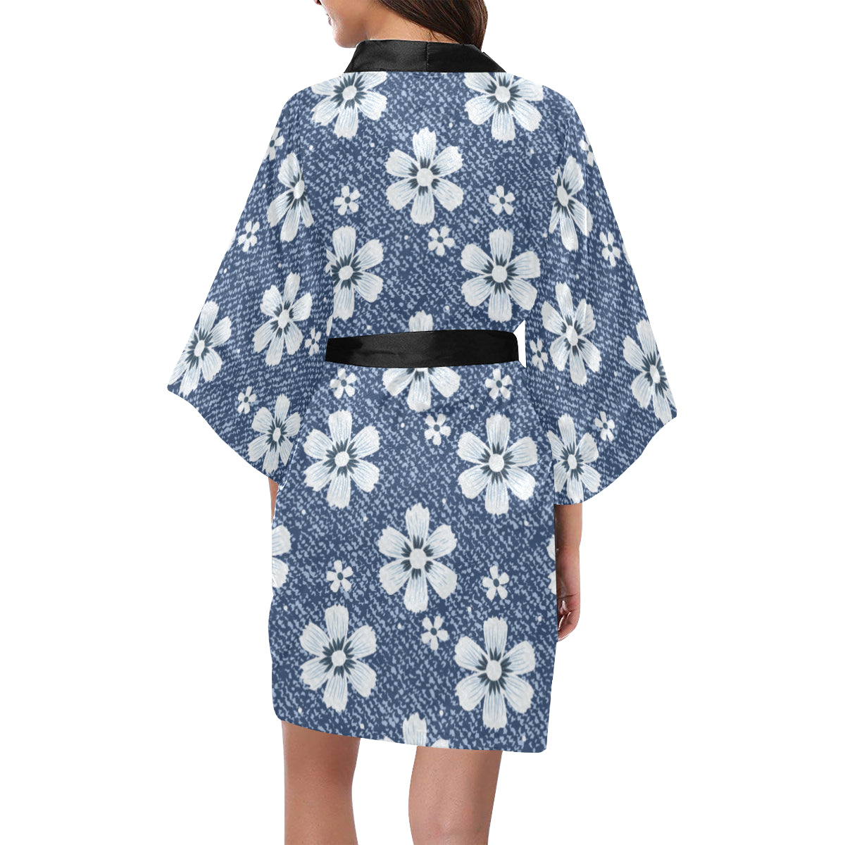Jean Flower Pattern Print Design 03 Women's Short Kimono