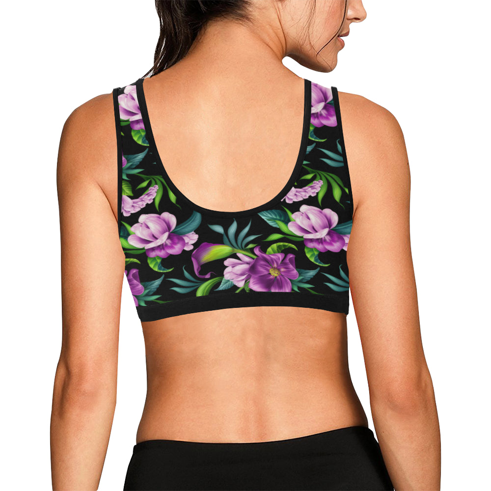 Bright Purple Floral Pattern Sports Bra